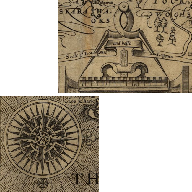 Navigational indicators on Smith's map A compass rose and scale marker on a map.