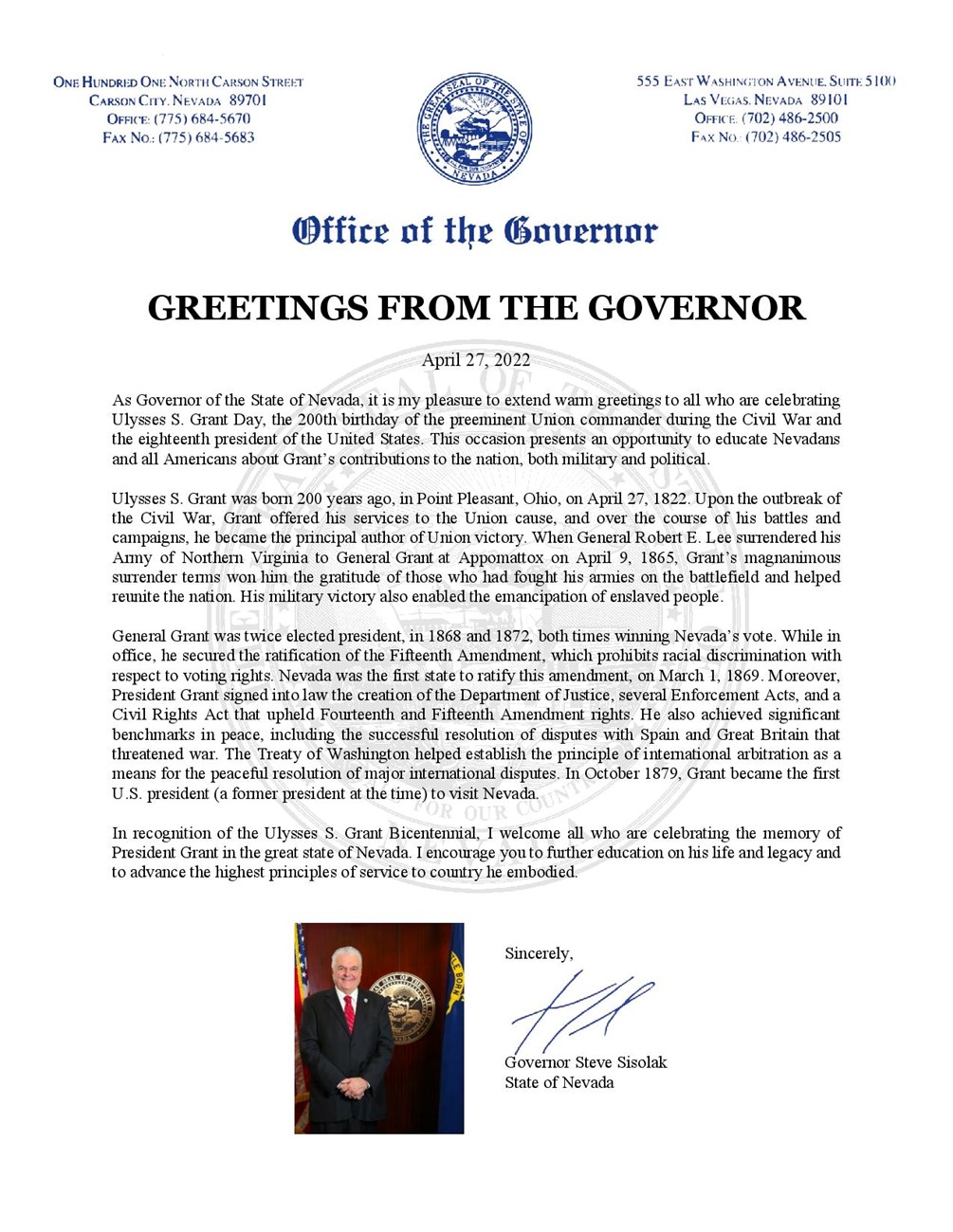 Message on Paper with the state seal of Nevada on top and an image of the governor centered on the bottom