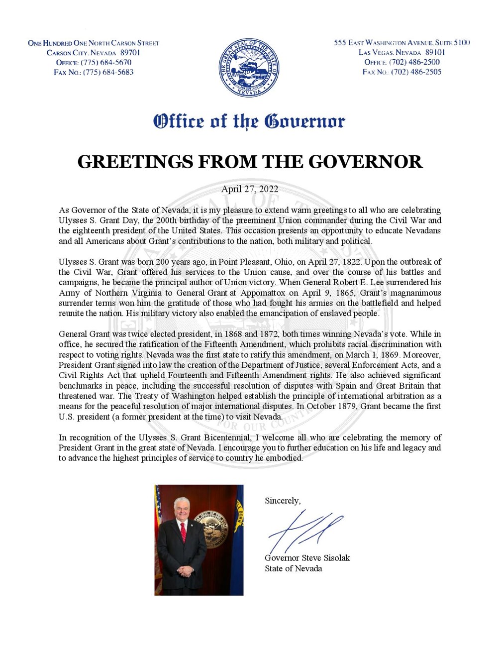 Grant 200th Message from Nevada Message on Paper with the state seal of Nevada on top and an image of the governor centered on the bottom