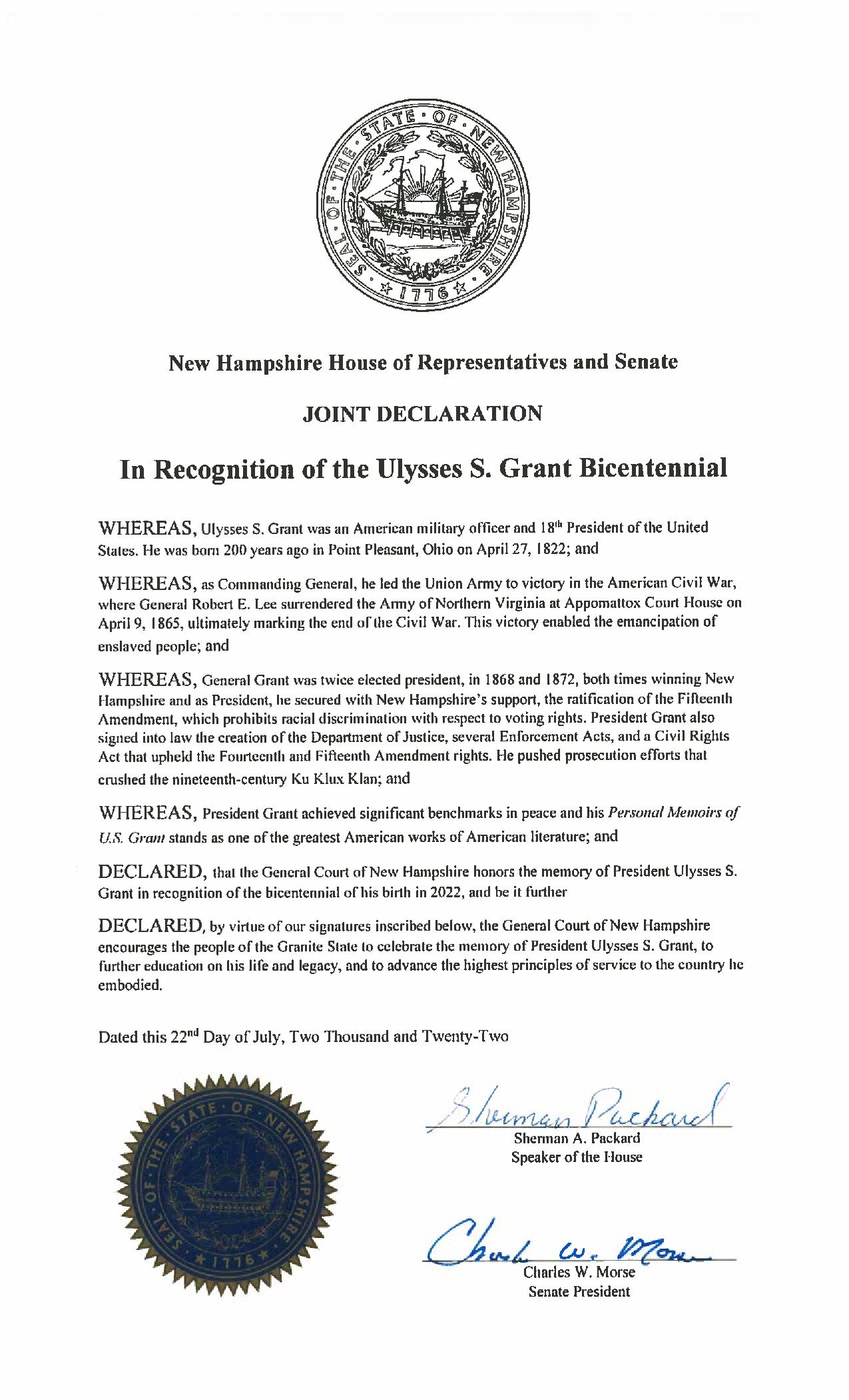 Message from New Hampshire honoring the 200th anniversary of Ulysses S Grant's birthday. Seal of New Hampshire printed in top center and attached in blue in bottom left.