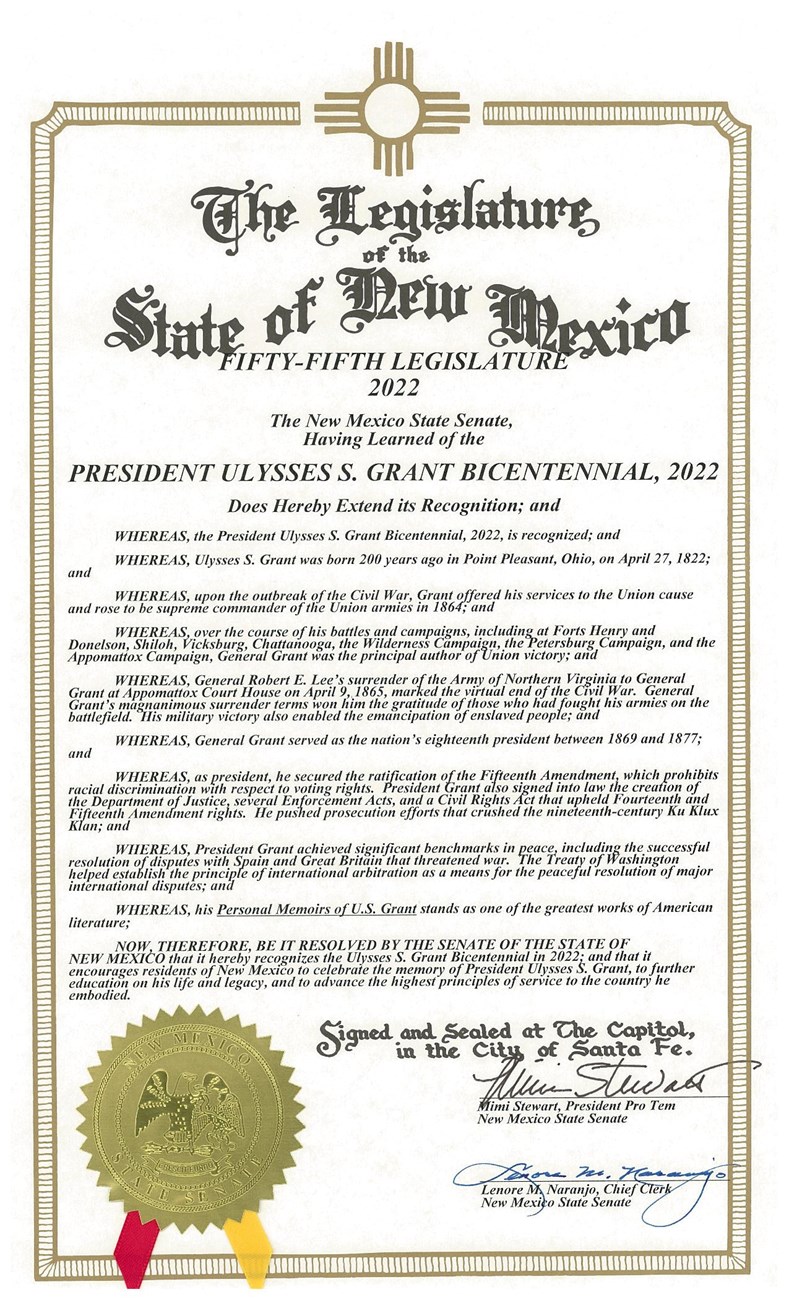 Message from New Mexico honoring Grant's 200th birthday. State seal attached in gold in bottom left.