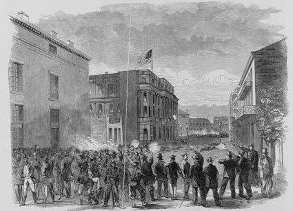 Black and white drawing from a newspaper showing white men shooting guns at a crowd in the distance on a busy street