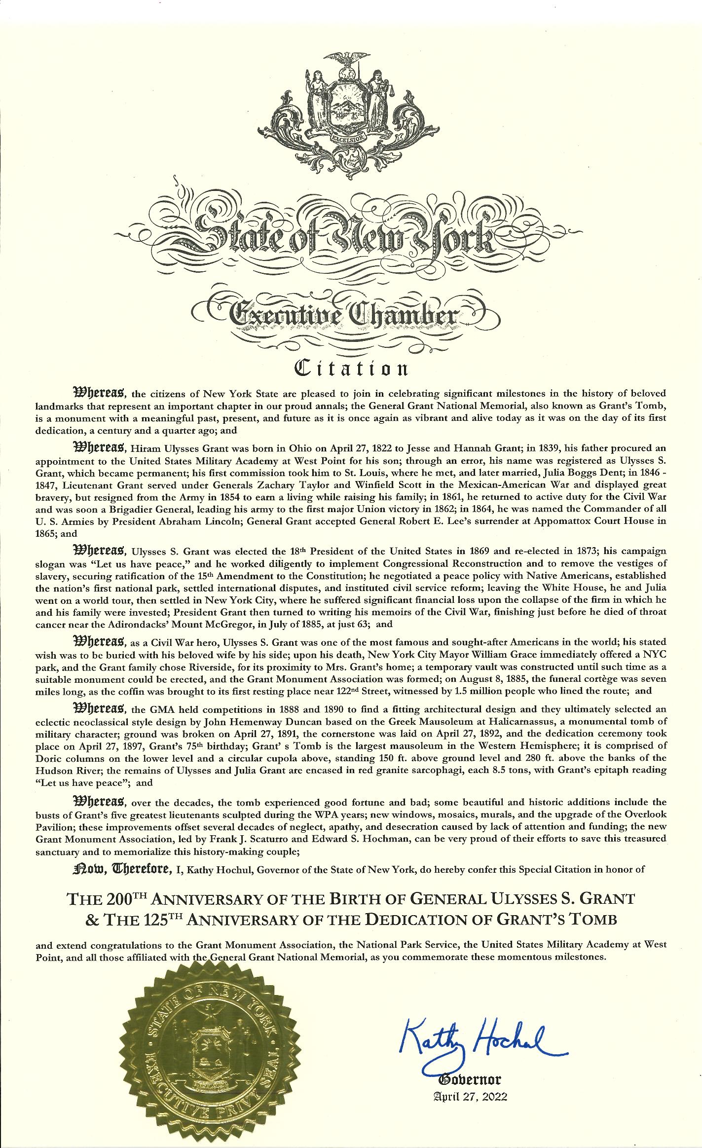 Message from New York Celebrating Grant's 200th birthday and the 125th anniversary of Grant's Tomb. Seal of New York depicted in the top center in black ink, and in gold in bottom left.