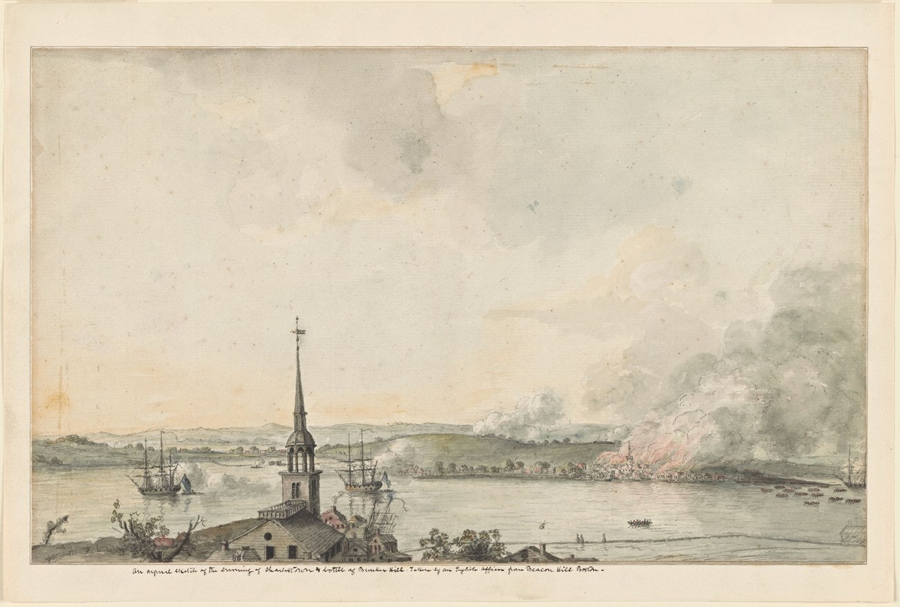 sketch of the town of Charlestown with flames and smoke
