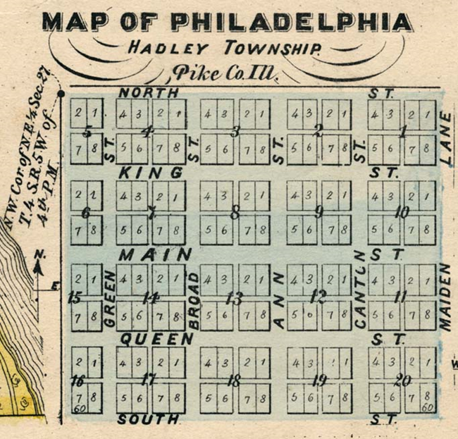 An atlas map on New Philadelphia a square shaped town with plots of land and streets labeled and highlighted in blue.
