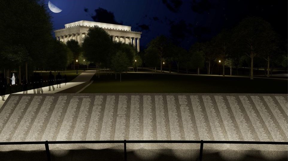 Wall of Remembrance at night with Lincoln Memorial in background