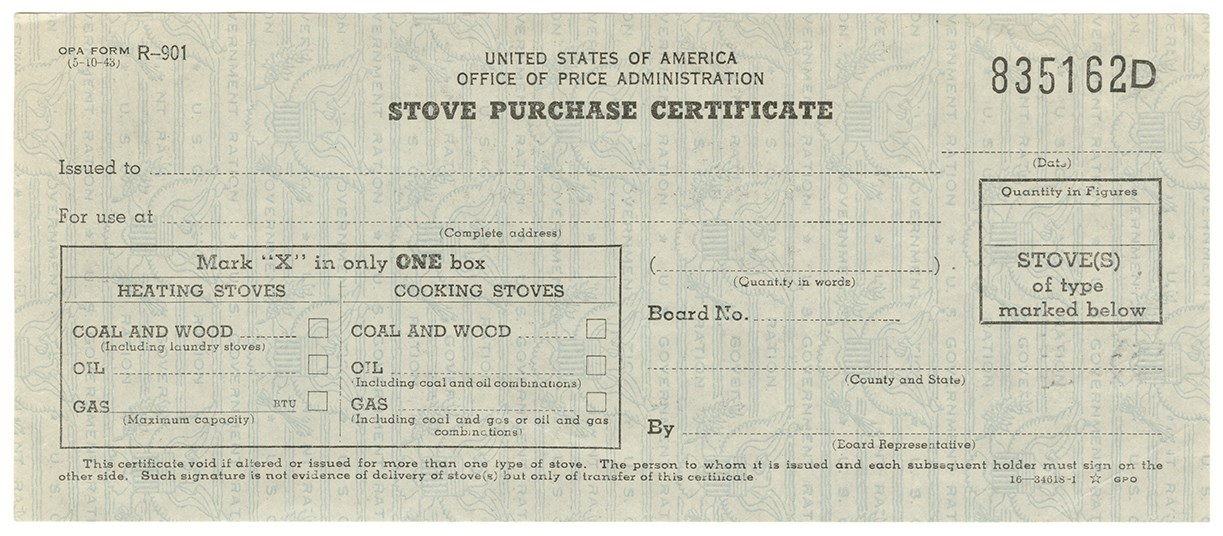 Printed in black on security paper with blue-printed “US Government Ration” and the Great Seal of the United States. Certificate includes who it was issued to, ration board id, and whether it was a heating or cooking stove.