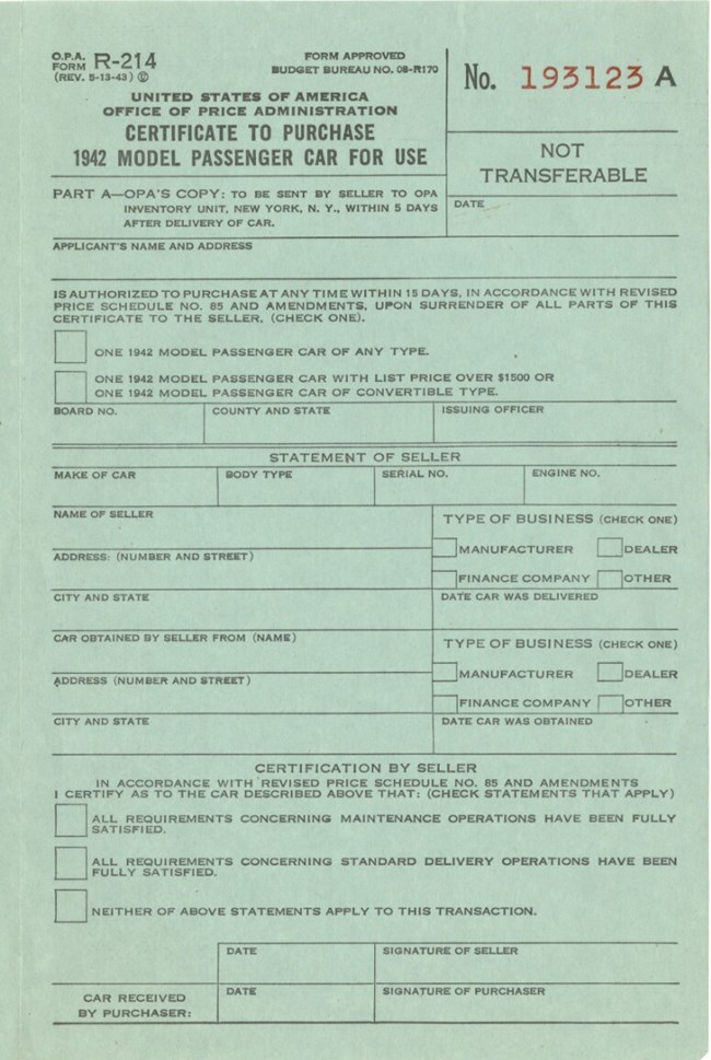 Printed in black on green paper with a red serial number in the upper right. The form details include the name and address of the buyer and seller; the make, body type, serial number, and engine number of the car.