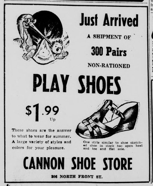 A black and white newspaper ad. Cost: $1.99 and up per pair. Upper left corner: a stork carries a baby in its beak. Lower right corner: drawing of a shoe.