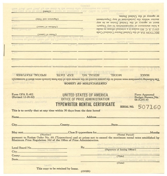 Printed black on yellow. Has the same info on both sides; page separates along a perforation: 1 copy to the OPA, 1 to the renter. Info includes: name and address of the renter, how many typewriters and for how long, and makes, models, and serial numbers.