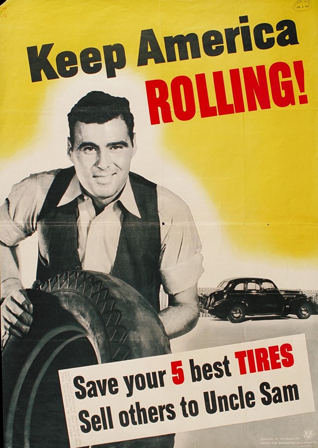 A poster with a yellow background and black and red letters. In the foreground is a black and white photograph of a white man carrying a tire away from his car. 