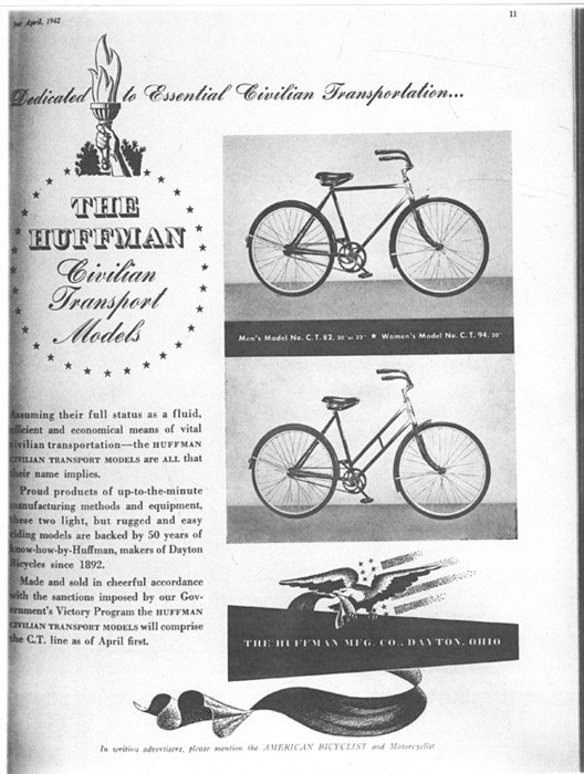 A black and white magazine advertisement showing men’s and women’s models of the Huffman company’s Victory Bicycles. National Museum of American History.