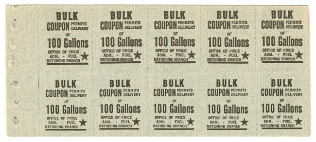 A booklet with 10 bulk gasoline coupons worth 100 gallons each. Printed in black on a cream colored paper with “Gasoline Ration” and an American Eagle security printing in green. Coll. Duke University (ark:/87924/r3tx35h0g).