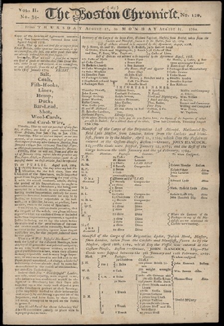NonImportationAgreement Boston Chronicle front page that has the text of the nonimportation agreement