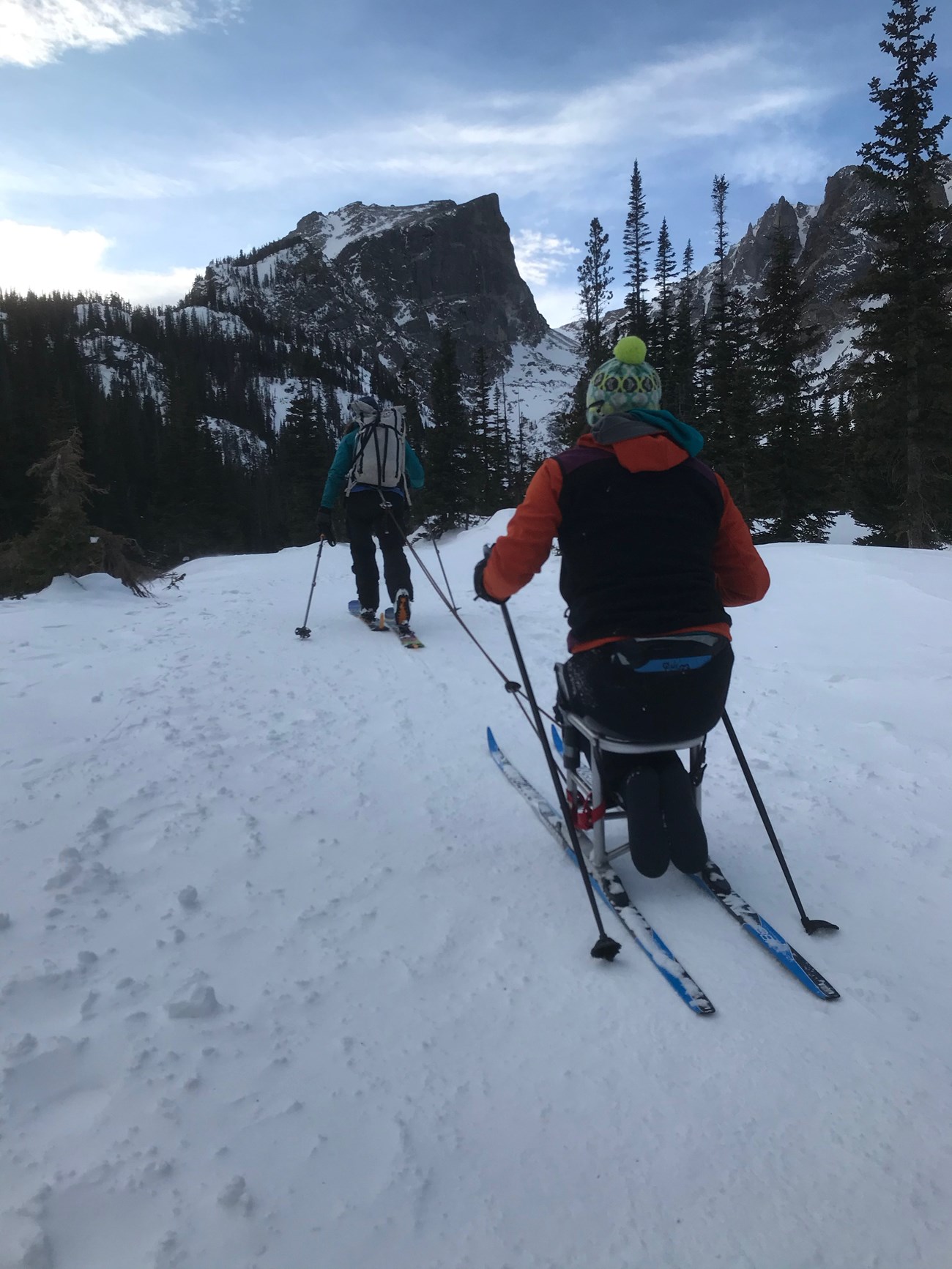 Rocky Mountain National Park a person uses a set of seated skiis on a snowy trail