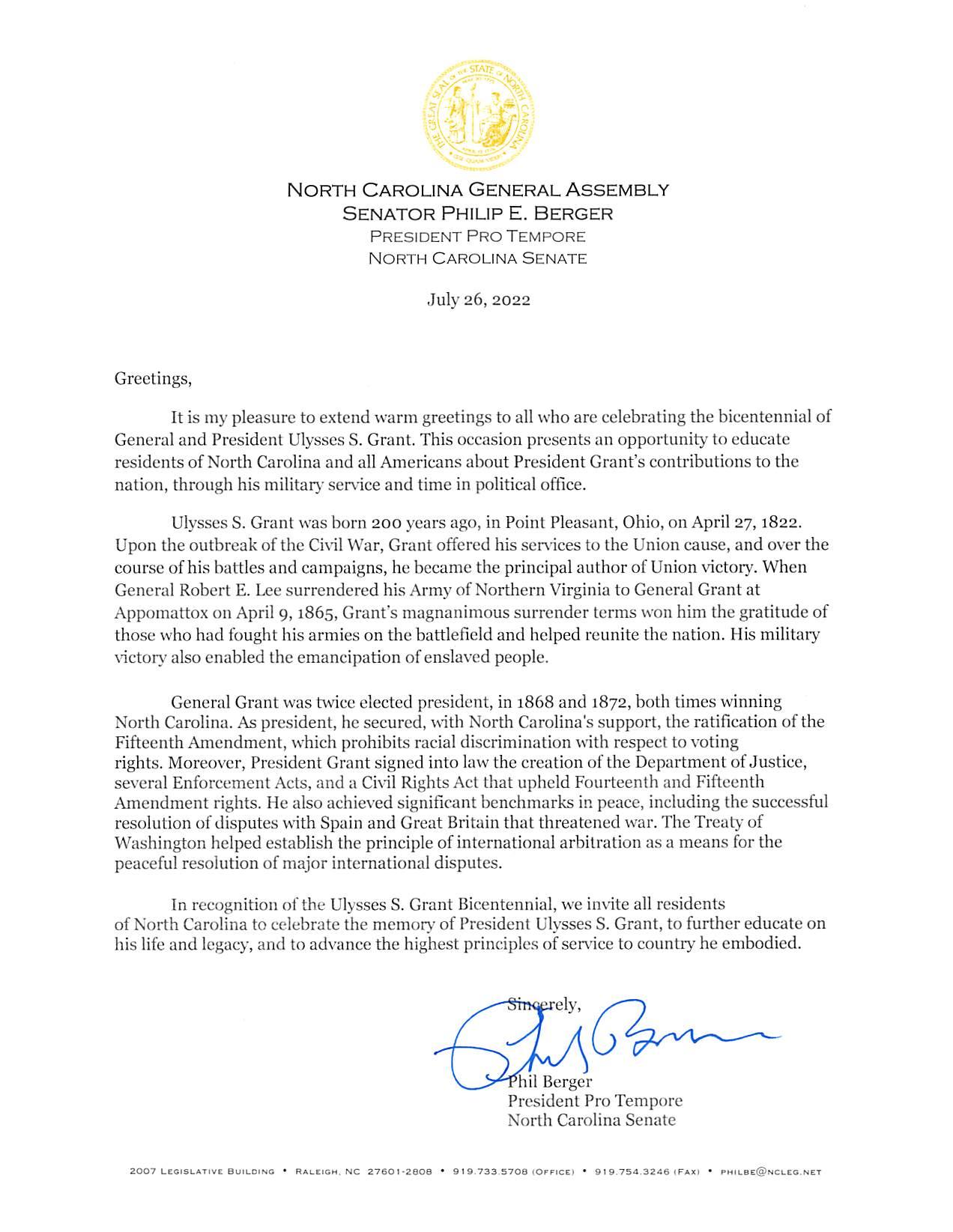 Message from North Carolina honoring the 200th anniversary of Ulysses S Grant's birthday. Seal of North Carolina printed in top center.