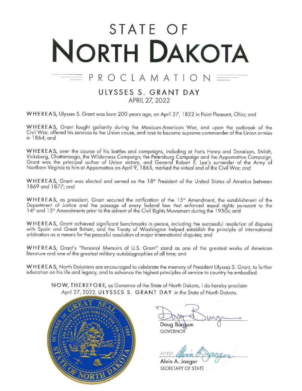 Message from North Dakota honoring Ulysses S Grant's 200th birthday. The State seal of North Dakota is impressed in blue in the bottom left hand corner of the page.