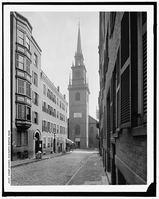 NorthEnd-CarabeliHouse Street in North End of Boston, with Christ Church at the end of the street.