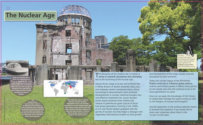 The Nuclear Age An exhibit panel with text and an image of a damaged concrete dome.