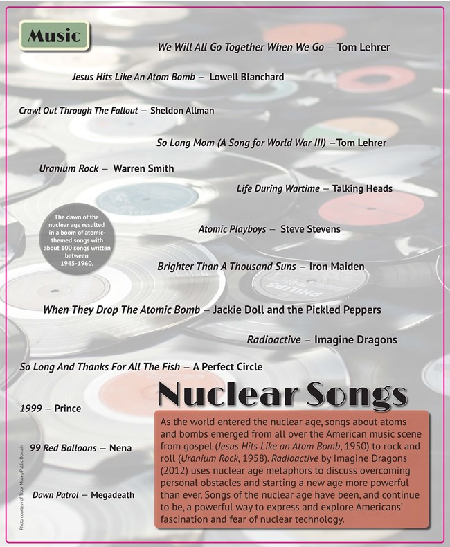 Nuclear Songs An exhibit panel with lists of songs and images of records.