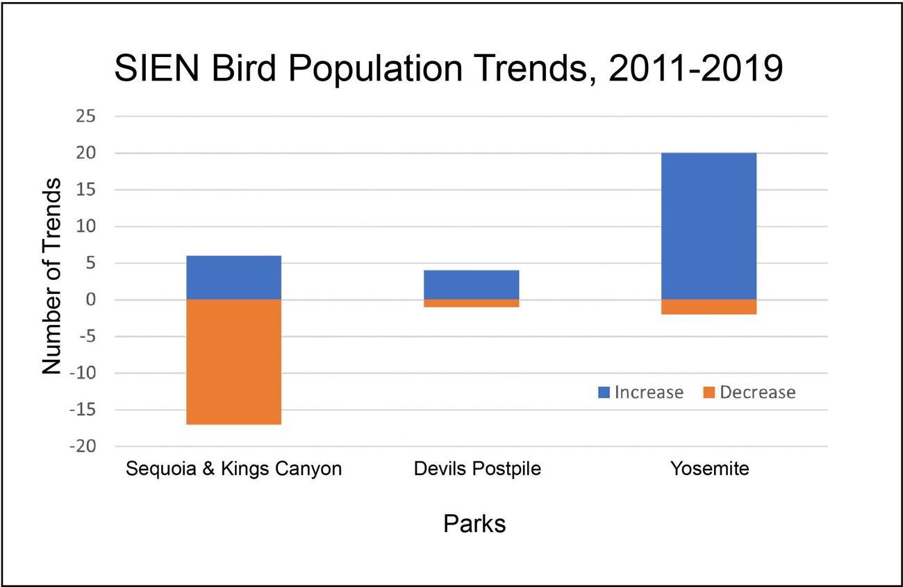Figure displays a bar graph representing numbers of statistically supported positive and negative trends in bird densities by park - Sequoia & Kings Canyon, Devils Postpile, and Yosemite.