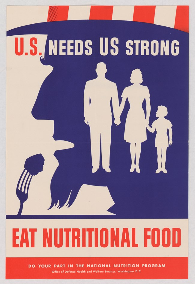 Stylized illustration showing the silhouette of a family (man, woman, and boy) holding hands contained within a silhouette outline of Uncle Sam raising a forkful of food to his mouth.