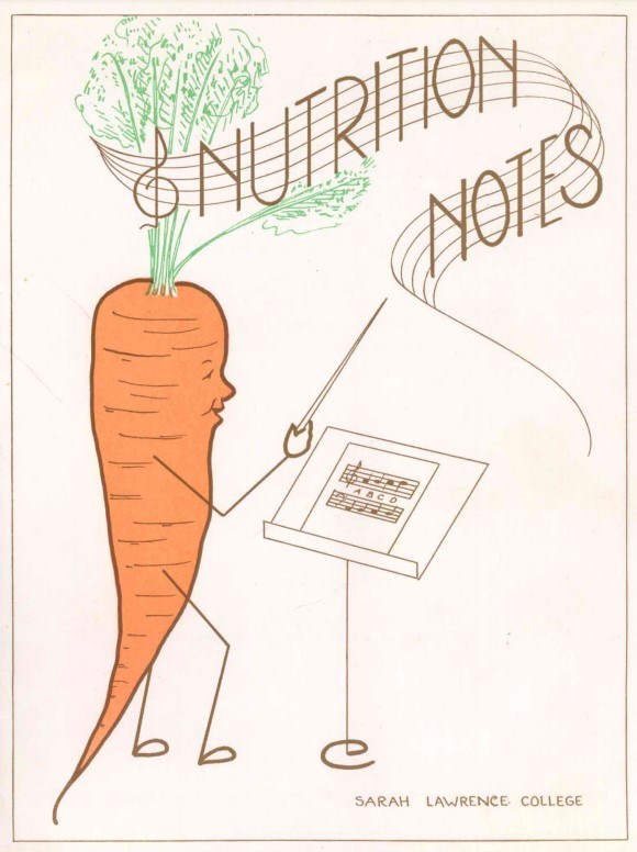 An illustration of a carrot with hands, face, and feet waving a conductor’s baton. There is sheet music on the music stand in front of the carrot.