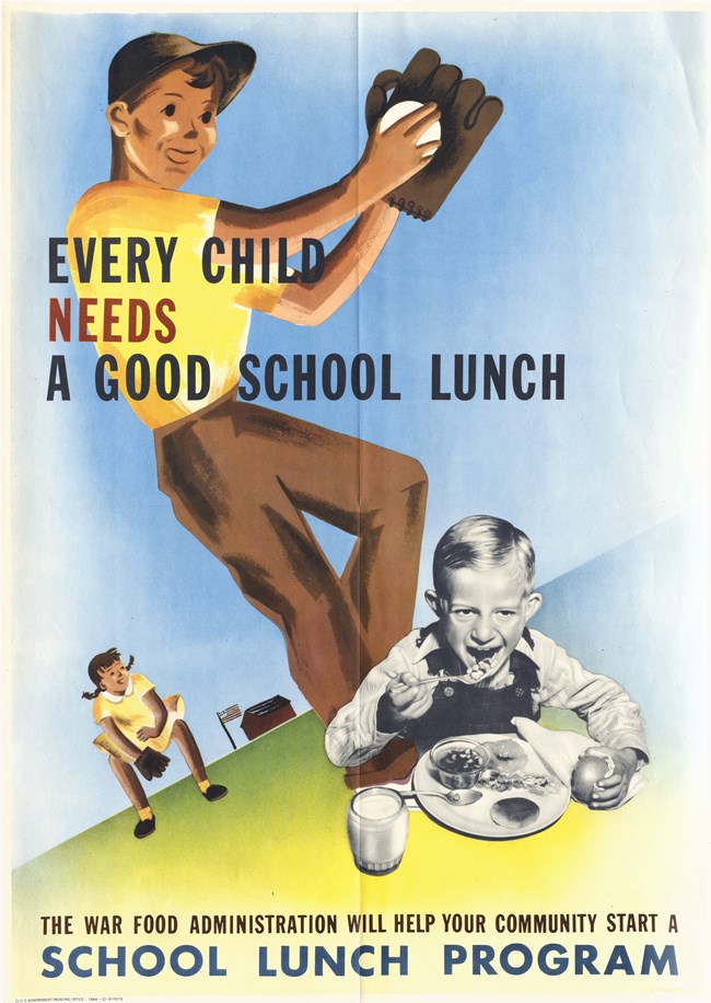 Illustration of a boy and girl playing baseball. A school house is in the background. In the foreground is a black & white photograph of a boy eating at a table. He has a plate of food, a glass of milk, and fruit. He wears overalls and a striped shirt.