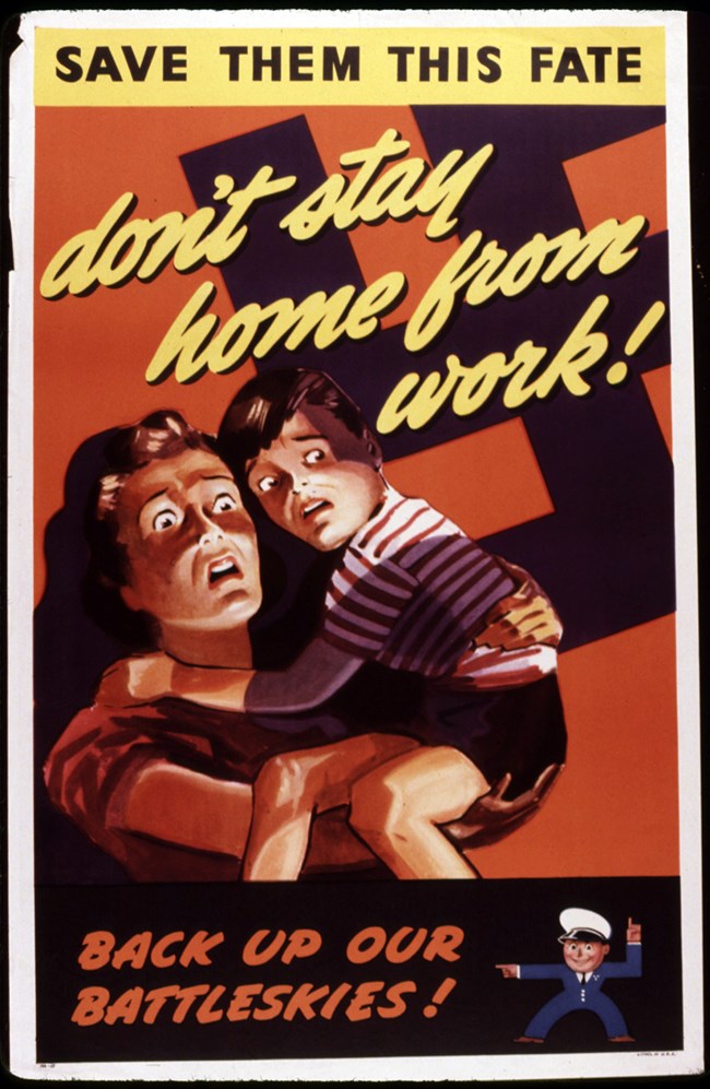 Graphic illustration of a terrified woman holding a young child against a red background. A black swastika covers them and fills the background.
