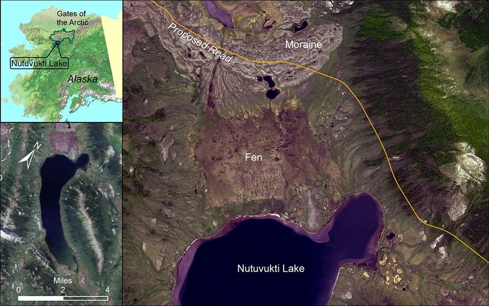 A three part image showing map and location of the fen.