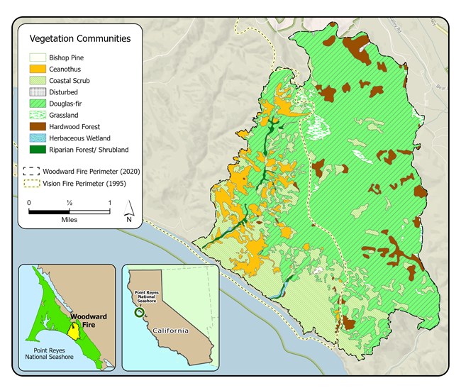 Map of burn footprint of Woodward fire showing vegetation communities that burned, listed in order by abundance: Douglas-fir, coastal scrub, Ceanothus, hardwood forest, grassland, riparian forest/shrubland, wetland, bishop pine, and disturbed areas.