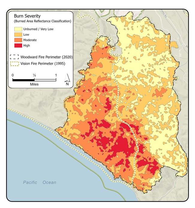 Map of Point Reyes wilderness area showing that the Woodward fire burned with mixed severity across the landscape