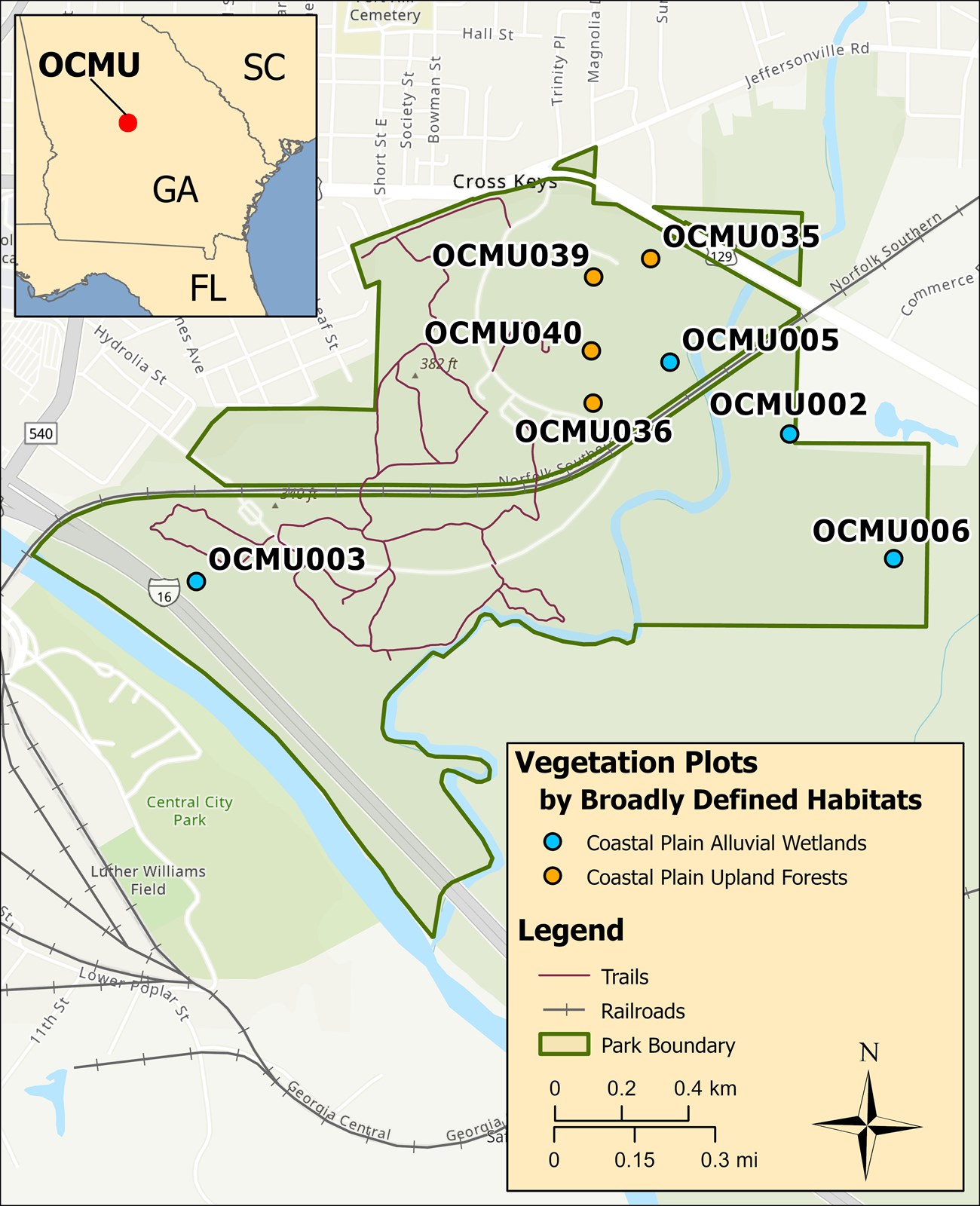 Vegetation plots at OCMU Map showing vegetation plots at the park