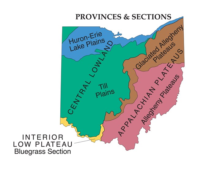 Illustrated map shows the regions of Ohio, mostly left to right: Huron-Erie Lake Plains, Till Plains and Central Lowland, Glaciated Allegheny Plateaus, Appalachian Plateaus and Interior Low Plateau - Bluegrass Section.