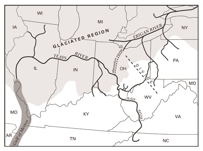 Grayscale illustration shows Ohio and surrounding states; lines depict the course of ancient rivers: the Erigan River through present-day Lake Erie and the Teays River across Ohio, Indiana and Illinois; gray shading shows the extent of glaciation.