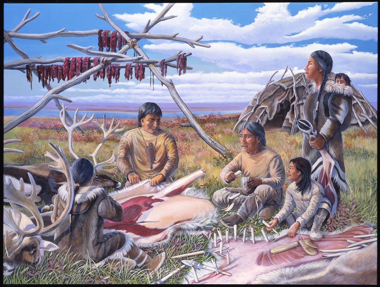 OHC-1 paleo scene AL05221 A family of six stretch and scrape fresh caribou hides. Hides have been used for clothing and a dome-like shelter. Strips of meat hang on a rack.