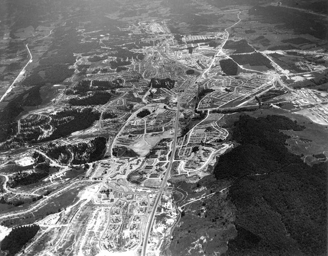 Oak Ridge looking east from Jefferson Square c.1945 Aerial photo of Oak Ridge during the Manhattan Project