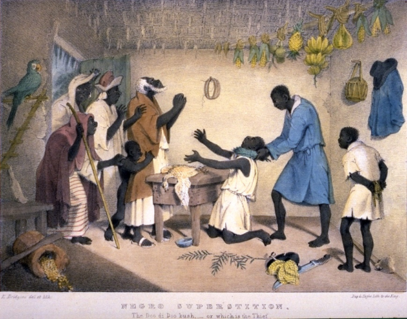 Group of African Americans praying inside a room with plaster walls.