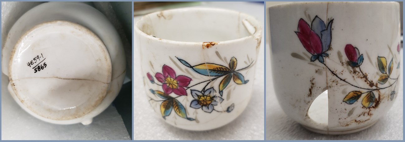 A series of 3 images of a fragile looking tea cup. It has a hole chipped out of it and has lots of flowers on it.