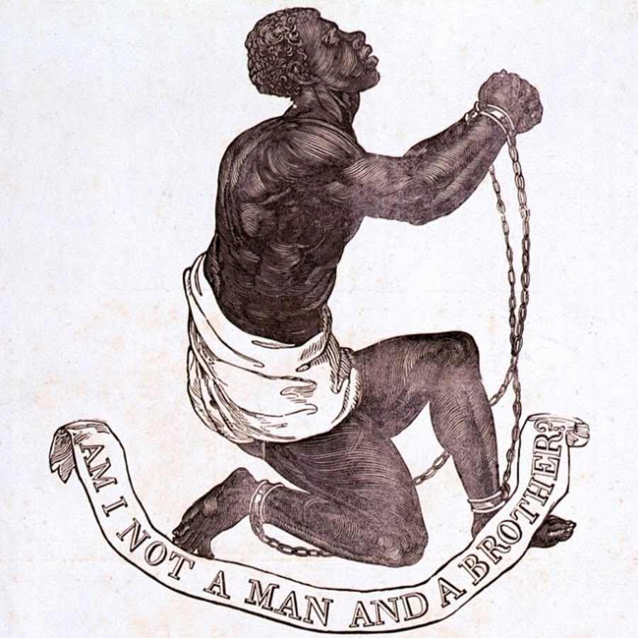 Lithograph drawing of an enslaved man with chains around his arms. Text reads "Am I not a man and a brother?"