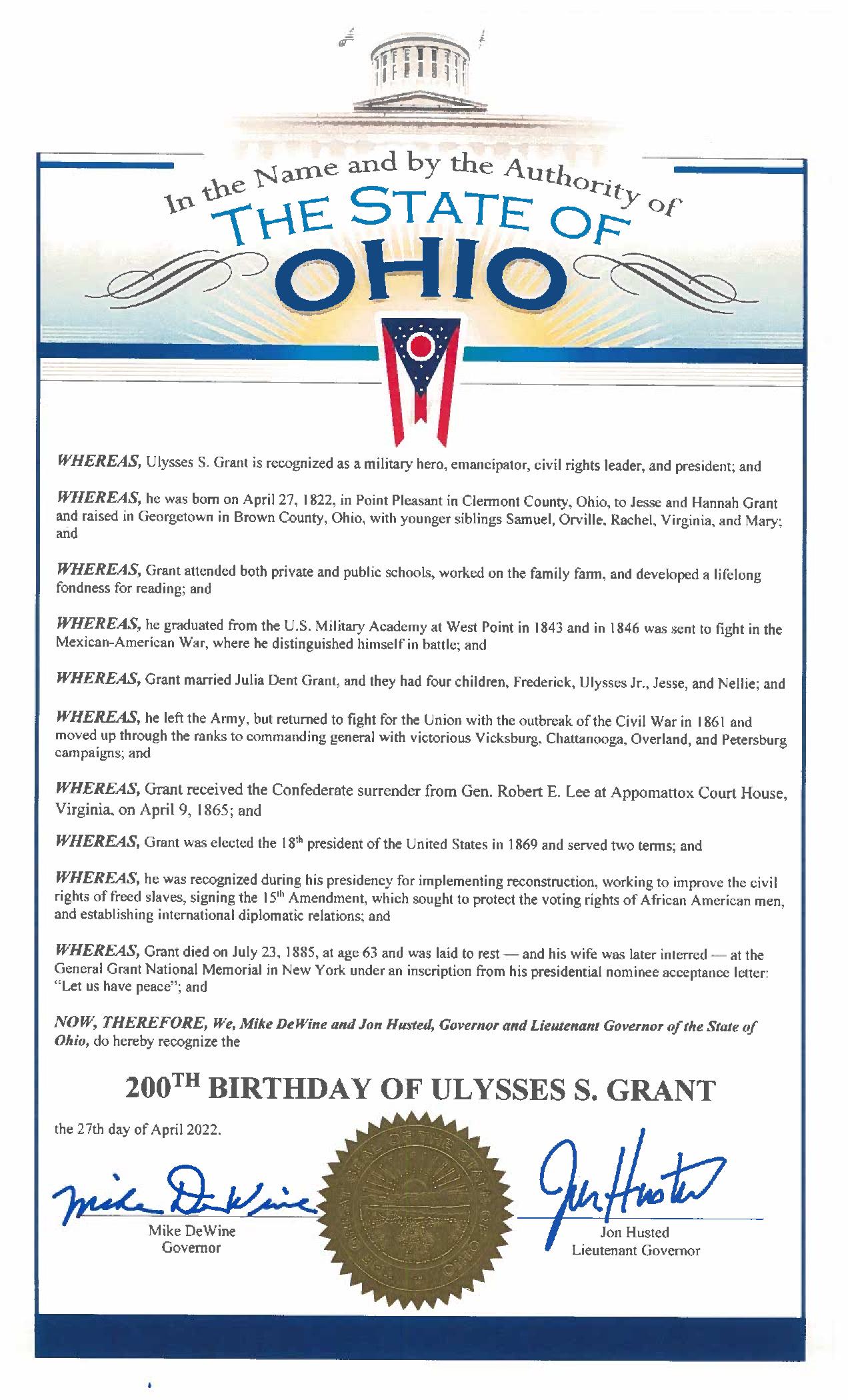 Proclamation from Ohio for Grant's 200th Birthday. Seal of Ohio is attached in the bottom center.