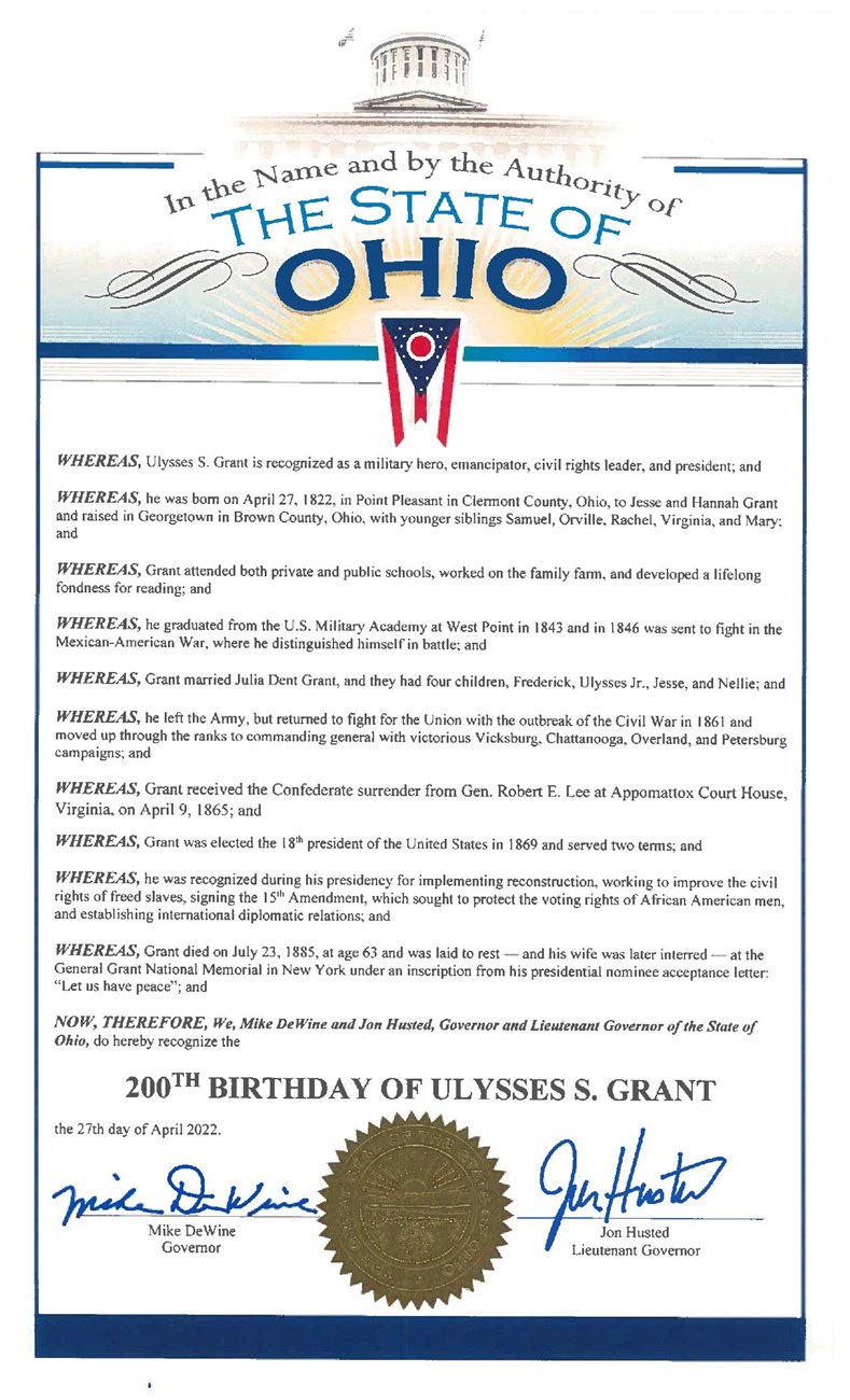 Proclamation from Ohio for Grant's 200th Birthday. Seal of Ohio is attached in the bottom center.