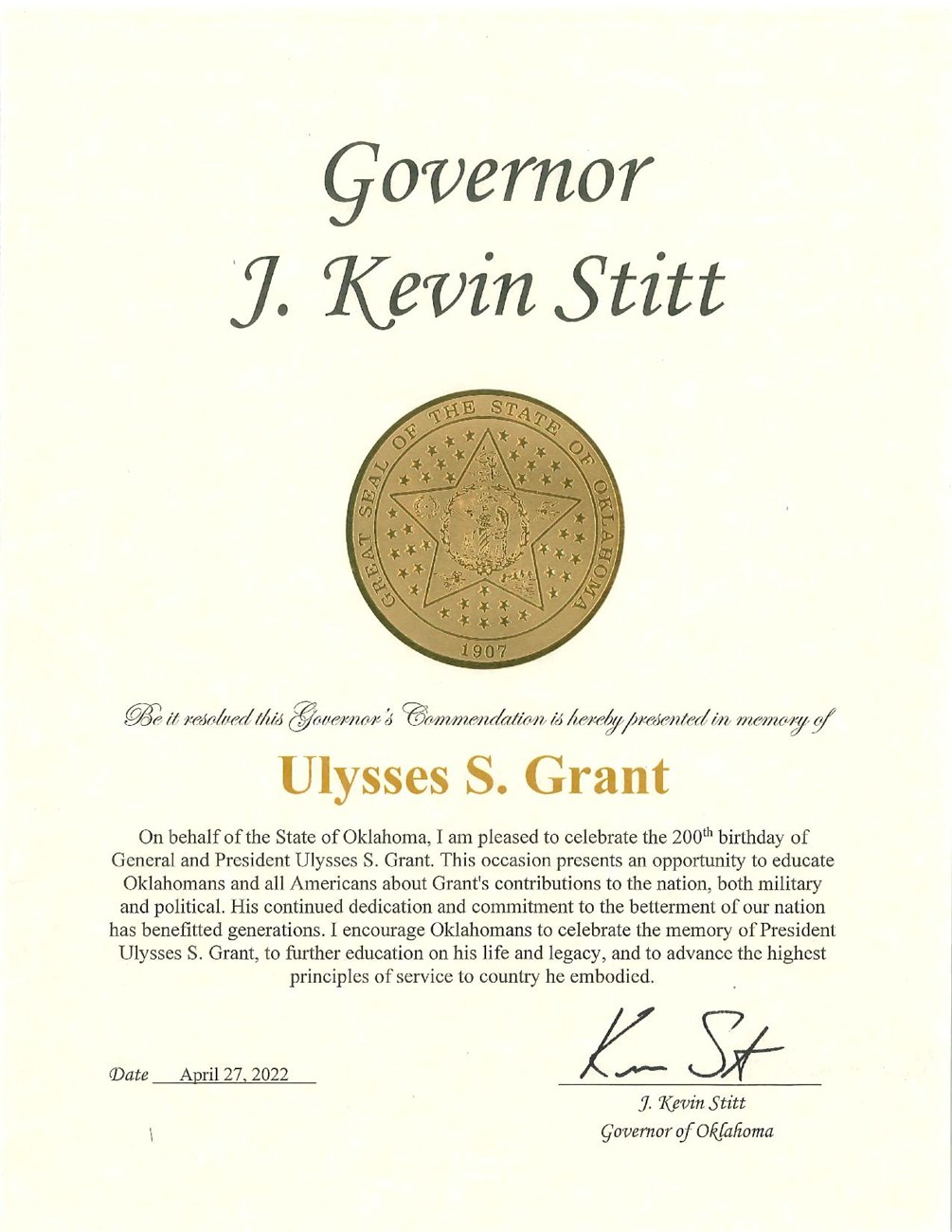 Message from Oklahoma honoring the 200th anniversary of Ulysses S Grant's birthday. Golden seal of the state attached in center of page