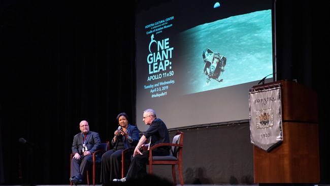 Rodney Hill, Astronaut Mae Jemison, Bret Bennington onstage at the One Giant Leap conference at Hofstra University in April of 2019 Rodney Hill, Astronaut Mae Jemison, Bret Bennington onstage at the One Giant Leap conference at Hofstra University in April of 2019