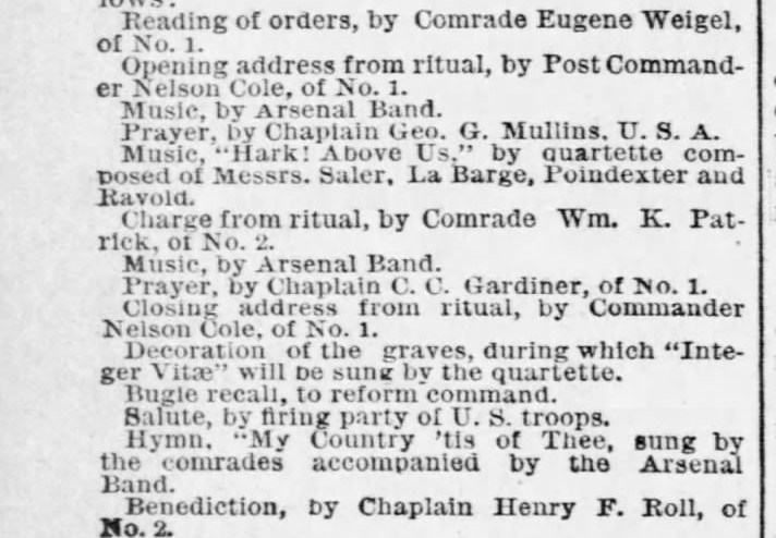 Order of Events at Jefferson Barracks 1883 Decoration Day Newspaper article listing order of events for 1883 Decoration Day Ceremony at Jefferson Barracks.