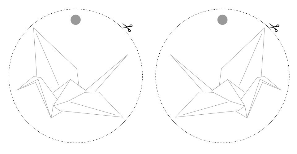 A two-part diagram of origami cranes with circles and scissor icons around them.
