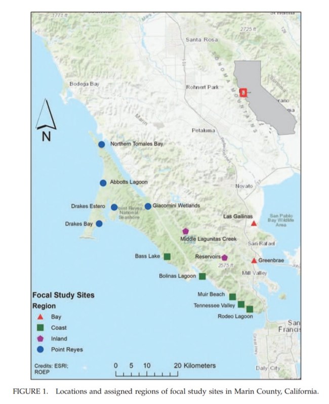 Locations and assigned regions of focal study sites in Marin County, California.