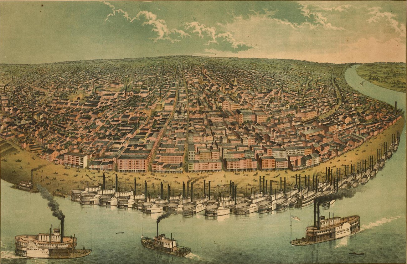 Hand drawn color lithograph of the city of St. Louis in 1859.
