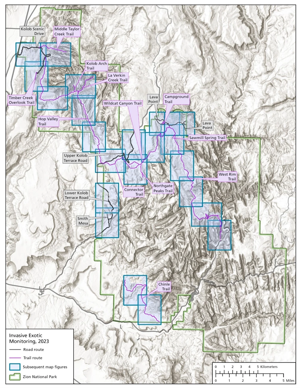 This map shows the routes surveyed for invasive exotic plant species across Zion National Park in May 2023. Map of all invasive plant monitoring routes surveyed across Zion National Park.