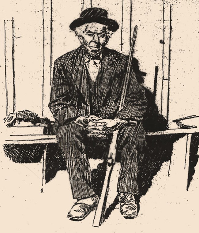 Line illustration of older African American man sitting on porch